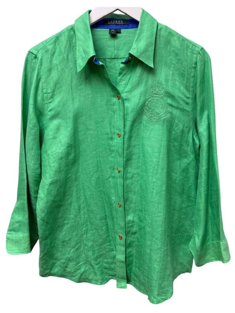 LAUREN RALPH LAUREN Linen Shirt Large Crest Logo Kelly Green Preppy Womens Top
